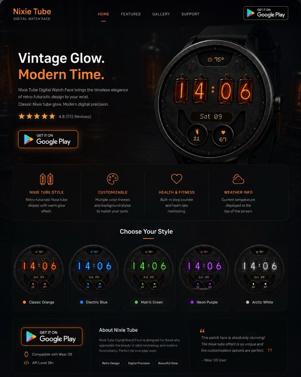 Nixie Tube Watch Face features guide — health tracking weather complications