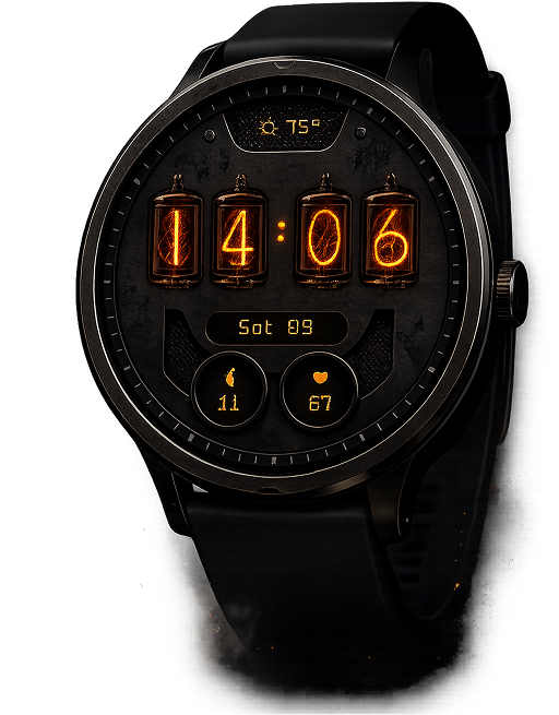 Nixie Tube Digital Watch Face - Classic Orange Edition with warm glowing nixie tube digits showing 14:06, date display, step counter and heart rate monitor